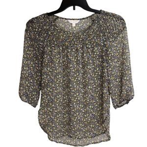 LC Lauren Conrad Multicolor Floral Crew Neck Pleated 3/4 Sleeve Blouse Size XS
